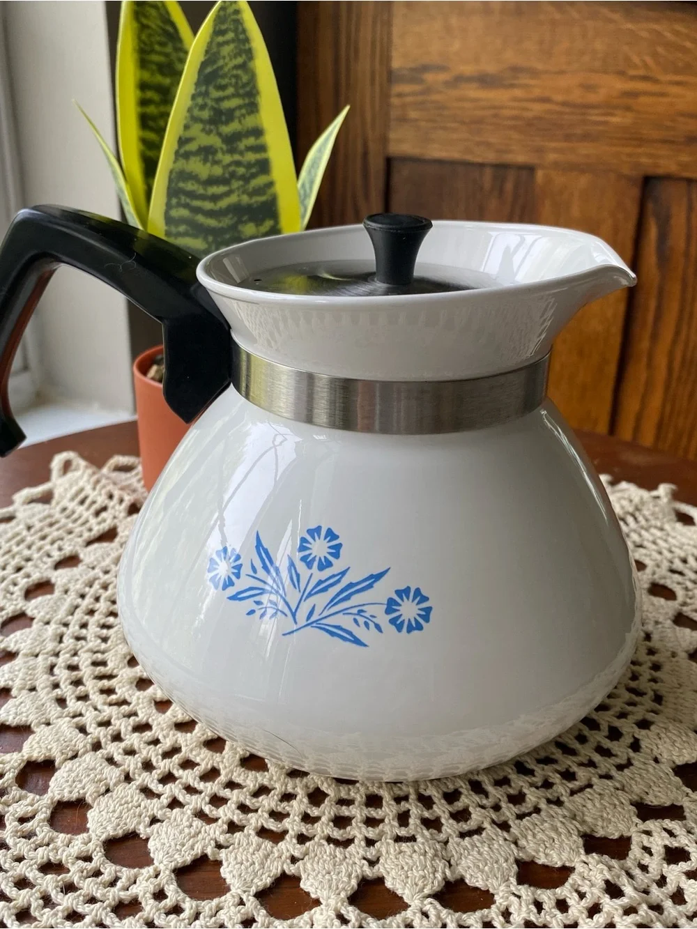 Vintage Corningware White Coffee Carafe with Blue Floral Motif and Black Handle